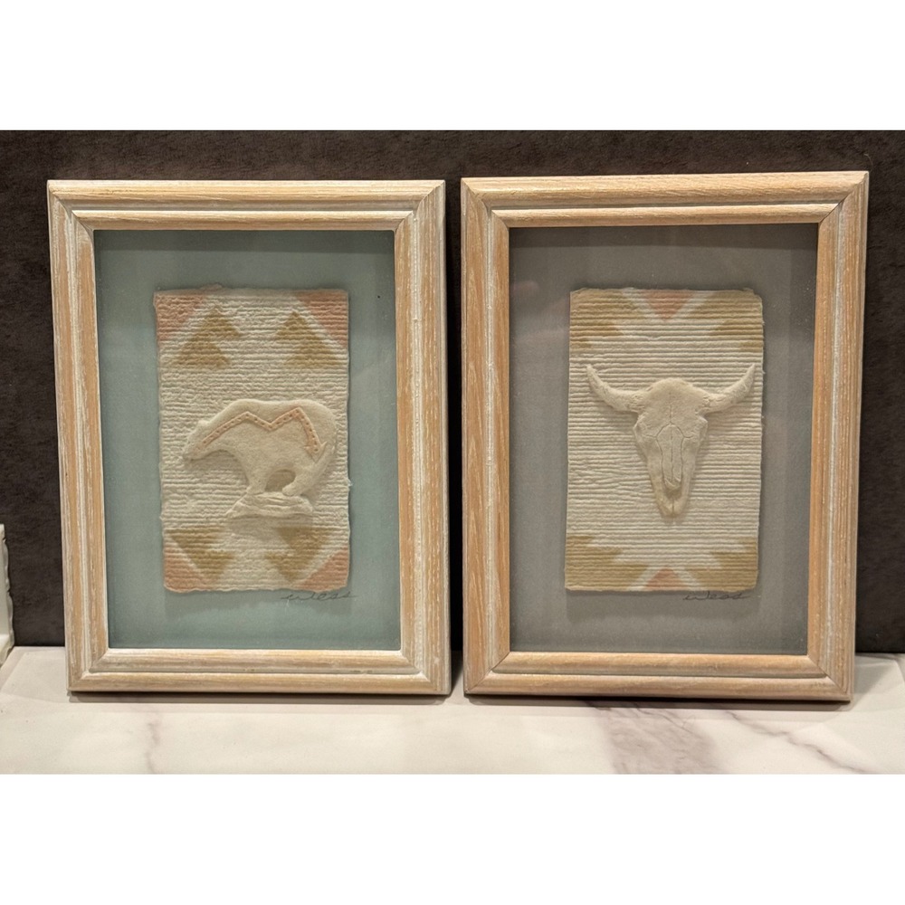 Figi Graphics Hand Cast Paper Art Set Bear Steer Skull Southwestern Framed 2pc